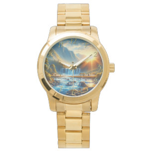 Reloj De Pulsera 1 Pedro 5:7 Oración de fe cristiana en oro
