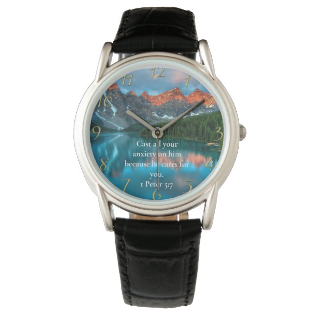 Reloj De Pulsera 1 Peter 5:7 hermosa vista del lago de la montaña (Anverso)