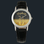 Reloj De Pulsera 21st birthday black gold name elegant bow<br><div class="desc">Elegant,  classic,  glamorous and feminine.  A faux gold colored bow and ribbon with golden glitter and sparkle,  a bit of bling and luxury for a birthday gift or keepsake.  Black background. Templates for her name,  and the age 21. The name is written with a modern hand lettered style script.</div>