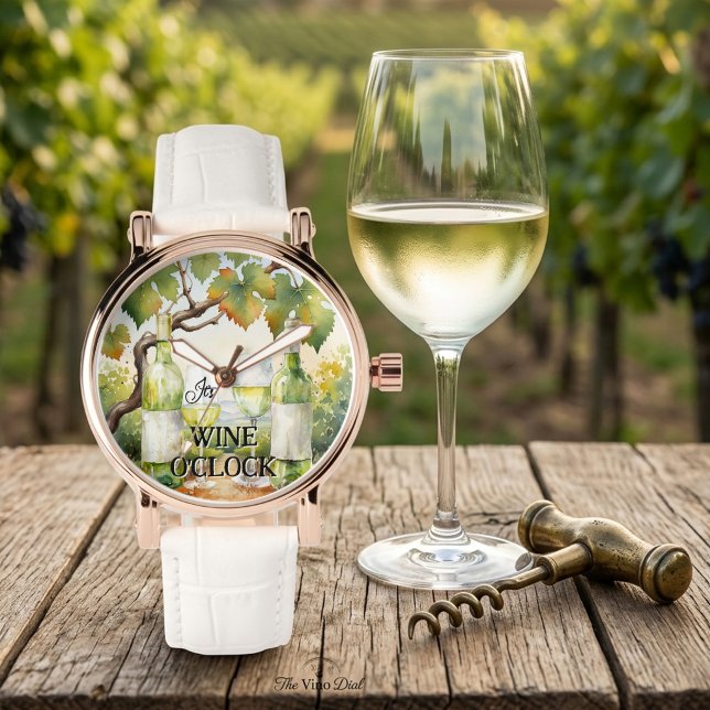 RELOJ DE PULSERA 3 (Watch featuring a watercolor painting of white wine and a vineyard - wine o'clock)