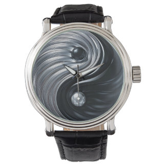 Reloj De Pulsera 3D Yin Yang Black and Silver Metallic