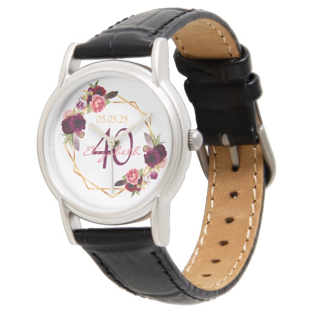 Reloj De Pulsera 40.º cumpleaños nombre geométrico de oro floral bl (Angular)