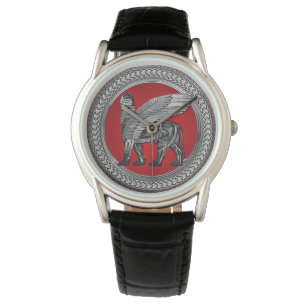 Reloj De Pulsera [500] León alado asirio: Lamassu plateado y negro