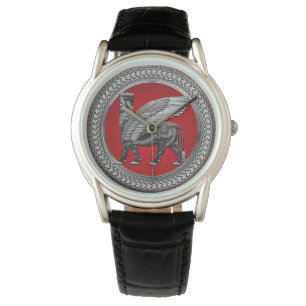 Reloj De Pulsera [500] Toro alado asirio: Lamassu plateado y negro