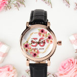 Reloj De Pulsera 50.º cumpleaños oro floral blanco de color rosa ge<br><div class="desc">Un reloj de moda para un regalo de cumpleaños número 50. Con un marco geométrico en forma de hexágono de oro falso. Decorada con flores de dalia acuáticas de color rosa, crema y coral. Fondo blanco. Plantillas para un nombre, edad 50 y fecha. Fecha de nacimiento o fecha del fiesta....</div>