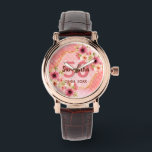 Reloj De Pulsera 50 cumpleaños fiesta de coral oro dahlia flores<br><div class="desc">Un reloj de moda para un regalo de cumpleaños número 50. Con un marco geométrico en forma de hexágono de oro falso. Decorada con flores de dalia acuáticas de color rosa, crema y coral. Coral vivo con puntos de polka como fondo. Plantillas para un nombre, edad 50 y fecha. Fecha...</div>