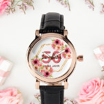 Reloj De Pulsera 50th birthday white pink floral gold geometric<br><div class="desc">A trendy watch for a 50th birthday gift. With a faux gold hexagon geometrical shaped frame. Decorated with watercolored dahlia flowers in pink,  cream and coral. White background. Templates for a name,  age 50 and a date. Date of birth or date of the party. Burgundy and coral colored letters.</div>