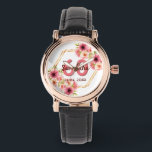 Reloj De Pulsera 60 cumpleaños fiesta de coral oro dahlia flores<br><div class="desc">Un reloj de moda para un regalo de cumpleaños número 60. Con un marco geométrico en forma de hexágono de oro falso. Decorada con flores de dalia acuáticas de color rosa, crema y coral. Fondo blanco. Plantillas para un nombre, edad 60 y fecha. Fecha de nacimiento o fecha del fiesta....</div>
