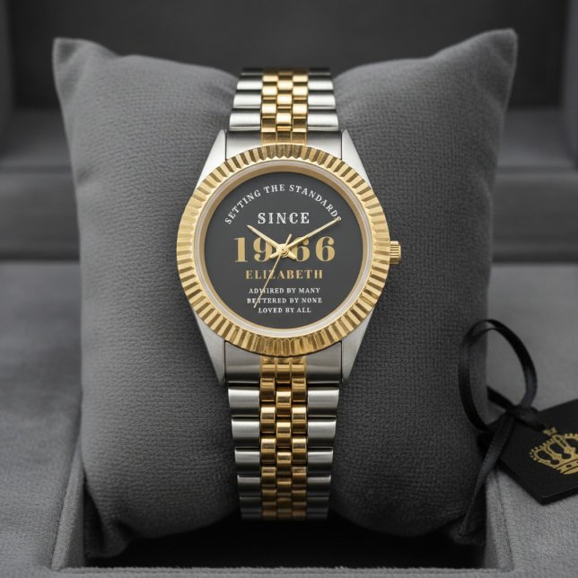 Reloj De Pulsera 60th Birthday 1966 Elegant Black White Chic (Born 1966 birthday watch on a dark display cushion.)