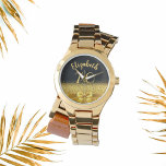 Reloj De Pulsera 70.º cumpleaños dorado negro arco elegante<br><div class="desc">Elegante, clásico, glamuroso y femenino. Una imitación de un arco y una cinta doradas, un poco de ostentación y lujo para un regalo de cumpleaños o un placer. Fondo negro. Plantillas para su nombre y la edad de 70 años. El nombre está escrito con una escritura de estilo con letras...</div>