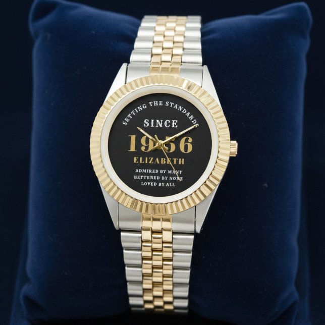 Reloj De Pulsera 70th Birthday 1956 Elegant Black White Chic (Born 1956 birthday watch on a blue background.)