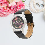 Reloj De Pulsera 80.º cumpleaños negro oro floral geométrico burgun<br><div class="desc">Un regalo o un placer por el 80 cumpleaños. Un fondo negro de moda con un marco geométrico falso dorado. Decorado con flores moradas oscuras y borgoñonas, rosas y plumas de estilo boho. Plantillas para un nombre, edad y fecha. Fecha de nacimiento o fecha del fiesta. El nombre está escrito...</div>