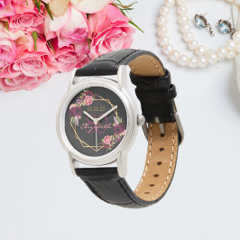 Reloj De Pulsera 80.º cumpleaños negro oro floral geométrico burgun