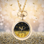 Reloj De Pulsera 80.º cumpleaños nombre de oro negro arco elegante<br><div class="desc">Elegante, clásico, glamuroso y femenino. Una imitación de un arco y una cinta doradas, un poco de ostentación y lujo para un regalo de cumpleaños o un placer. Fondo negro. Plantillas para su nombre, y la edad de 80 años. El nombre está escrito con una escritura de estilo con letras...</div>