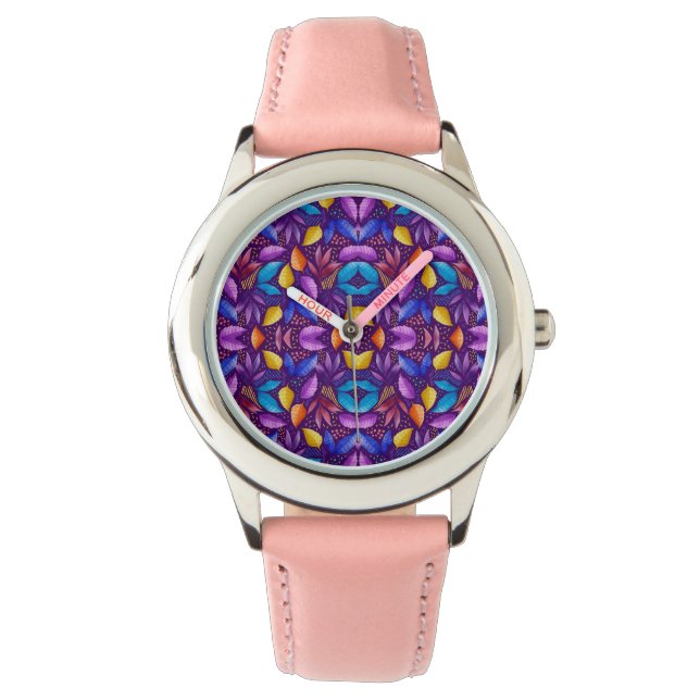 Reloj De Pulsera A stylish watch with a vibrant purple and floral (Anverso)