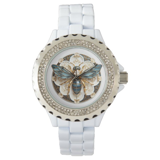 Reloj De Pulsera Abeja elegante de vidrio manchado de oro blanco az (Anverso)