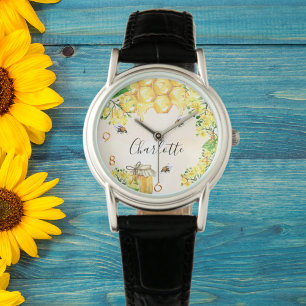 Reloj De Pulsera Abejas de burbujas miel floros amarillos nombre mo