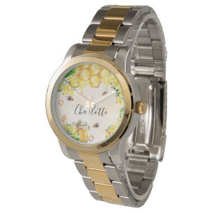 Reloj De Pulsera Abejas de miel nombre de monograma amarillo