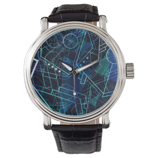 Reloj De Pulsera Abstract Digital Geometric Data Blue Art (Anverso)