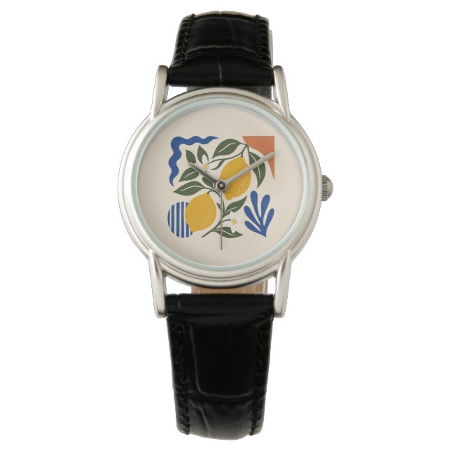 Reloj De Pulsera Abstract Lemon Leaves Boho Blue Cream Watch (Anverso)