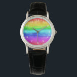 Reloj De Pulsera Abstracto de color de agua rayas pintadas arcoiris<br><div class="desc">Resumen Color del agua Rayos pintados Arcoiris colorido, tipografía moda de moda femenina, arte purpurina púrpura rosa, monograma nombre moderno elegante, atrevido y alegre artista, expresión veraniego paz verde, amor azul dibujado abstracto, pintura del espectro del color de la libertad, creativo del cepillo de bandera gay, color arcoiris de color...</div>