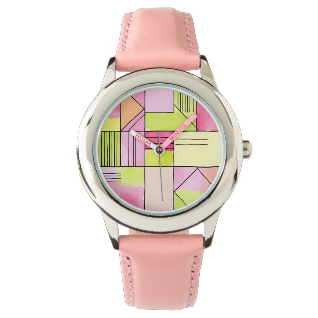 Reloj De Pulsera Abstracto de parches rosa y verde lima (Anverso)