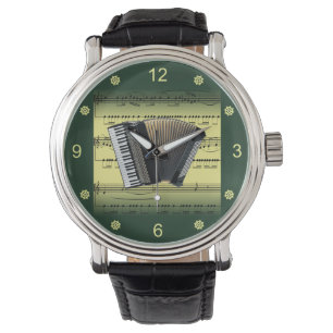 Reloj De Pulsera Acordeón~Rolling Sheet Music~Gold/Green Background
