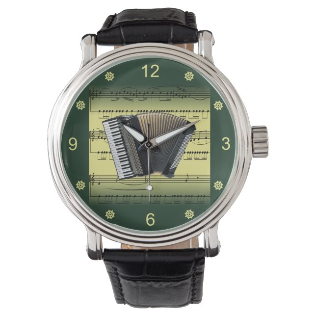 Reloj De Pulsera Acordeón~Rolling Sheet Music~Gold/Green Background (Anverso)