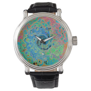 Reloj De Pulsera Acuarela Azul Groovy Abstracto Retro Bañón Líquido
