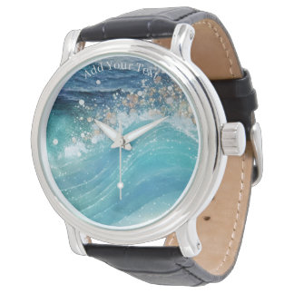 Reloj De Pulsera Acuarela Blue White Ocean Wave Personalizado Foto