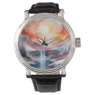 Reloj De Pulsera Acuarela de montañas cubiertas de nieve bajo la pu