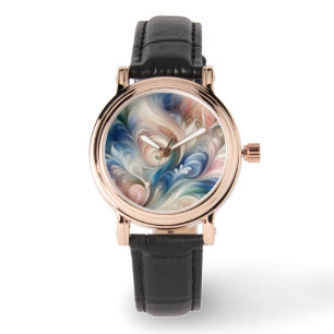 Reloj De Pulsera Acuarela Fantasía Pastel Floral Azul & Crema