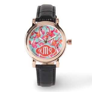 Reloj De Pulsera Acuarela Flamingos Monograma