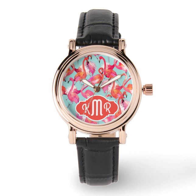 Reloj De Pulsera Acuarela Flamingos | Monograma (Anverso)