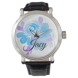 Reloj De Pulsera Acuarela Floral Azul Púrpura