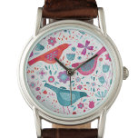 Reloj De Pulsera Acuarela floral de pájaro<br><div class="desc">Aves acuáticas contemporáneas y flores de color verde verde azulado,  rojo y rosa magenta. Arte original de Nic Squirrell.</div>