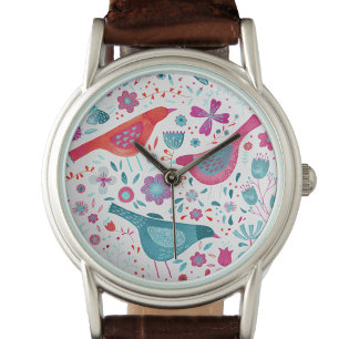 Reloj De Pulsera Acuarela floral de pájaro