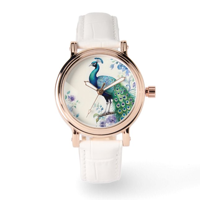 Reloj De Pulsera Acuarela floral de pavo real (Anverso)