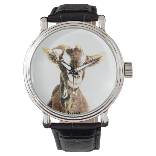 Reloj De Pulsera Acuarela Goat Fun Farm Animal Nature Art (Anverso)