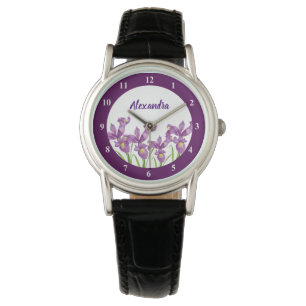 Reloj De Pulsera Acuarela Iris Púrpura Botánica Números Blancos