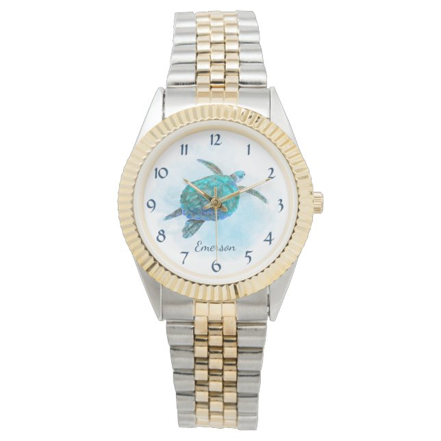 Reloj De Pulsera Acuarela oceánica de tortuga marina con nombre (Anverso)