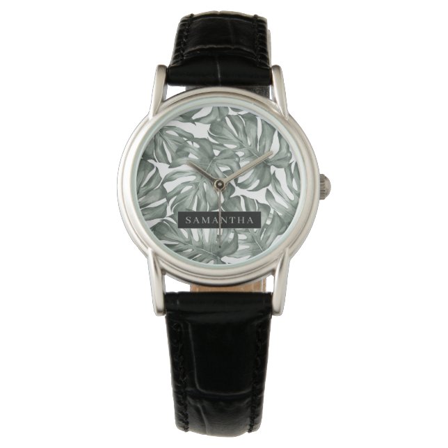 Reloj De Pulsera Acuarela Tropical Oasis Moderno Patrón de hojas (Anverso)