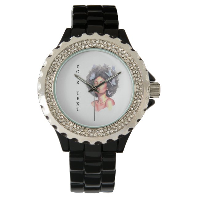 Reloj De Pulsera Afro Beauty with Butterflies – Watercolor Portrait (Anverso)