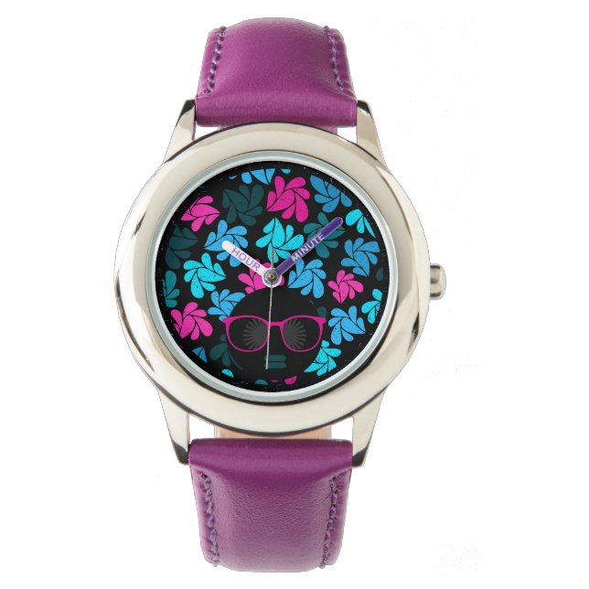 Reloj De Pulsera Afro Diva Rosa Caliente y Turquesa (Anverso)