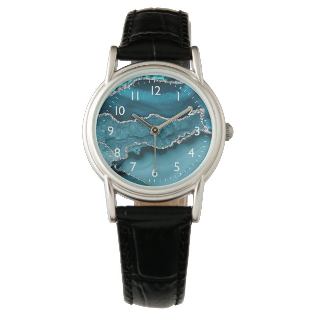 Reloj De Pulsera Ágata de mármol con brillo teal y falso plata (Anverso)