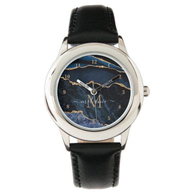 Reloj De Pulsera Agate Navy Blue Gold Márble Custom Name Watch (Anverso)