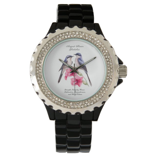Reloj De Pulsera Agosto Mes de Nacimiento Flor Gladiolus con Pájaro (Anverso)