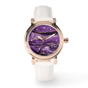 Reloj De Pulsera Agple Purple Gold Purpurina Marble Custom Name Wat
