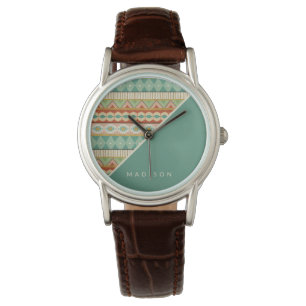 Reloj De Pulsera Agrega tu nombre   Patrón tribal acuarela