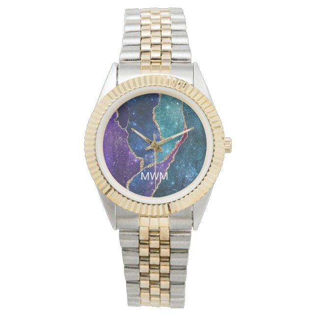 Reloj De Pulsera Aguamarina Púrpura Azul Venas de Oro Ágata Monogra (Anverso)